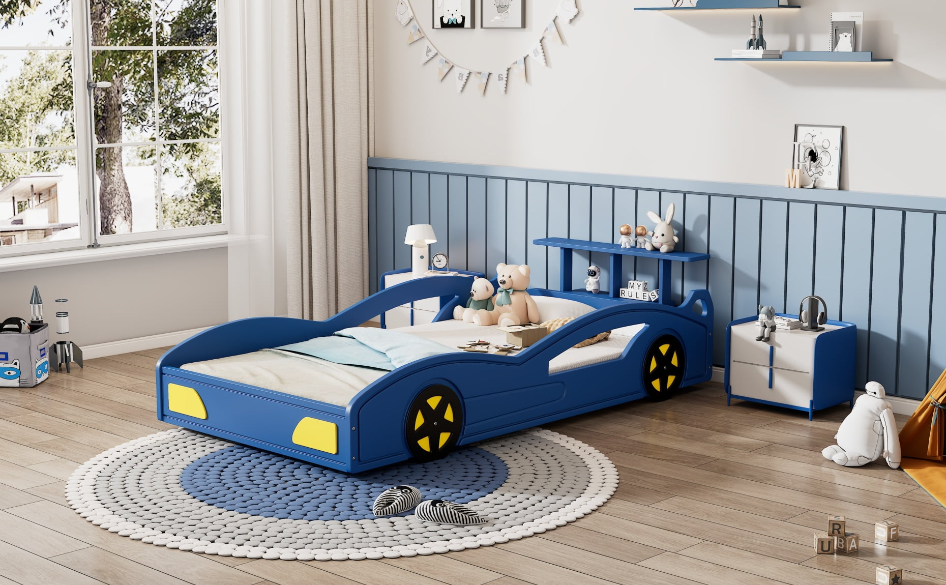 Twin Size Wooden Race Car Bed,Modern Car-Shaped Platform Twin Bed with ...