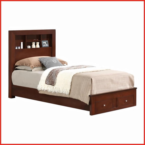 Twin Size Wooden Storage Bed Frame with Cherry Finish  Perfect for Compact Bedrooms