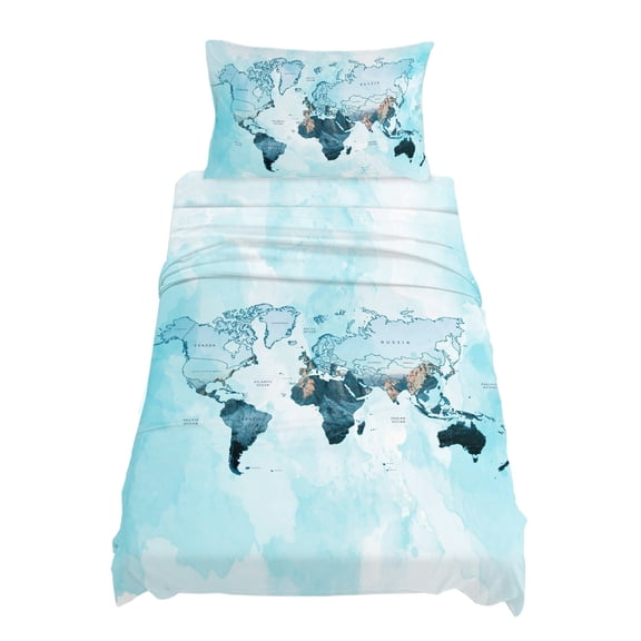 Twin Size World Map Sheet Sets Blue Map Abstract Soft Breathable Microfiber Bed Sheets Deep Pockets 4 Piece Bed Sheets Set, 1 Fitted Sheet, 1 Flat Sheet & 1 Pillowcases