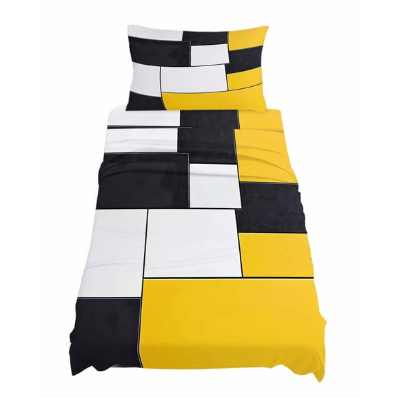 Twin Size Yellow Black Geometric Sheet Sets Abstract Patchwork Modern Art Soft Breathable Microfiber Bed Sheets Deep Pockets 4 Piece Bed Sheets Set, 1 Fitted Sheet, 1 Flat Sheet & 1 Pillowcases