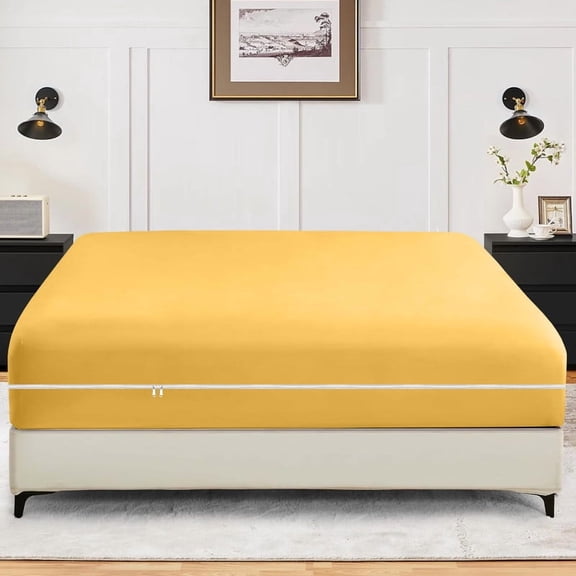 Twin Size Zippered Closure Fitted Sheet (39" x 75"), 1-Piece Bottom Sheet, 800 Thread Count 100% Egyptian Cotton, Fits Up to 15" Deep Mattress, Color Gold Solid
