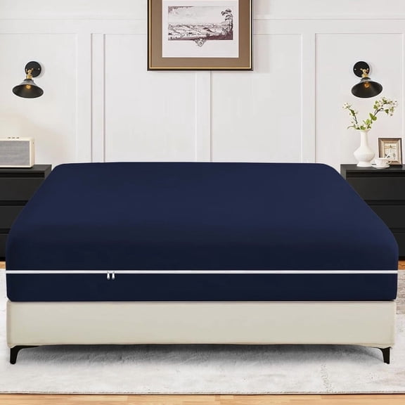 Twin Size Zippered Closure Fitted Sheet (39" x 75"), 1-Piece Bottom Sheet, 800 Thread Count 100% Egyptian Cotton, Fits Up to 15" Deep Mattress, Color Navy Blue Solid