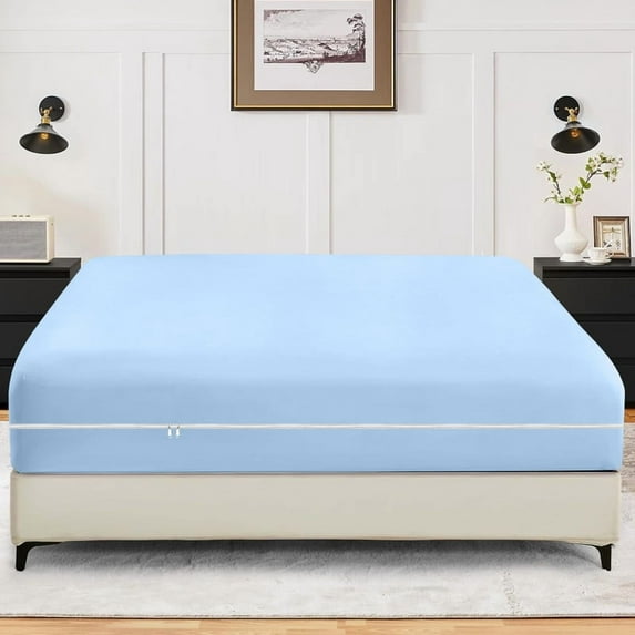 Twin Size Zippered Closure Fitted Sheet (39" x 75"), 1-Piece Bottom Sheet, 800 Thread Count 100% Egyptian Cotton, Fits Up to 24" Deep Mattress, Color Light Blue Solid