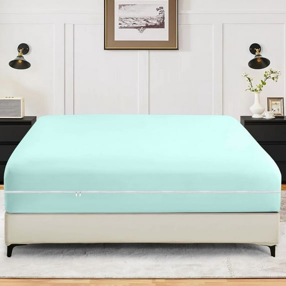 Twin Size Zippered Closure Fitted Sheet (39" x 75"), 1-Piece Bottom Sheet, 800 Thread Count 100% Egyptian Cotton, Fits Up to 27" Deep Mattress, Color Aqua Blue Solid