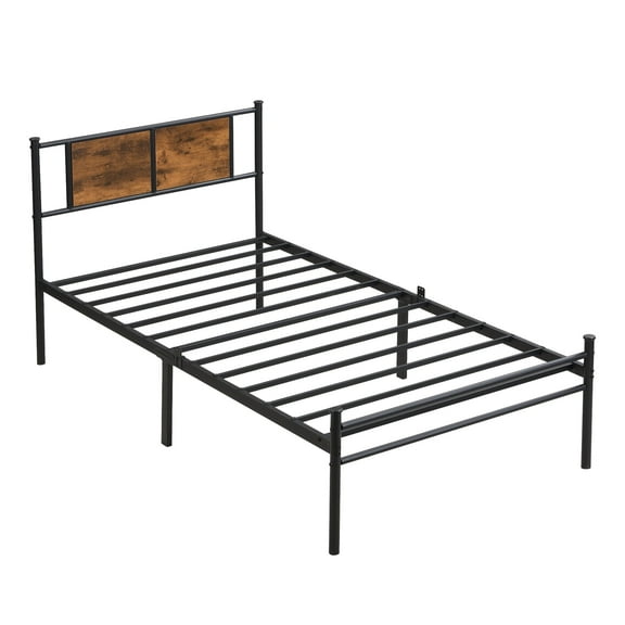 win Black Metal Bed Frame with Wood Panel Headboard - Sturdy Steel Structure, Under Bed Storage, Easy to Assemble