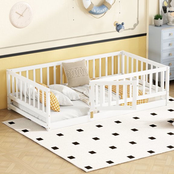 Twin Size 's Bed - White Wood Floor With Fence For
