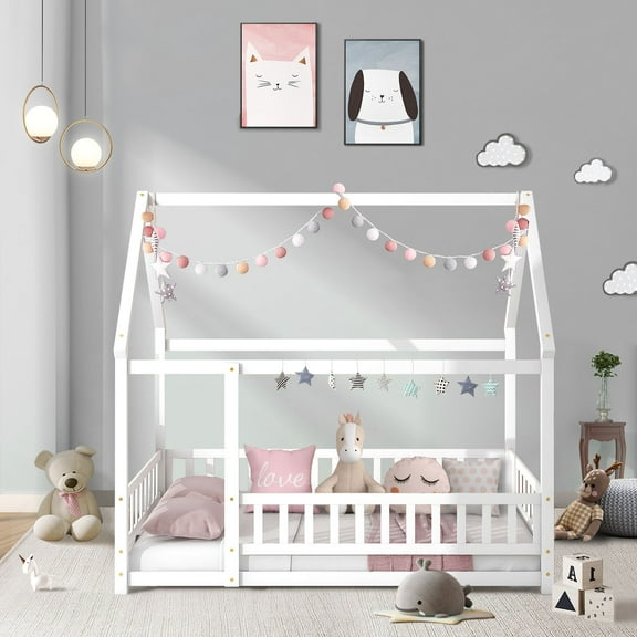 Twin SizeHouse Floor Bed with Roof, Wooden Floor Bed Frame with Door Frame and Safety Fence, Montessori House Floor Bed for Boys and Girls, White