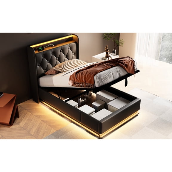Twin Sized Bed With 360 Led Surround, Hydraulic Storage Ability, Type-c Input, Black Pu Surround Size Upholstered Bed, Symptom, Type-c,