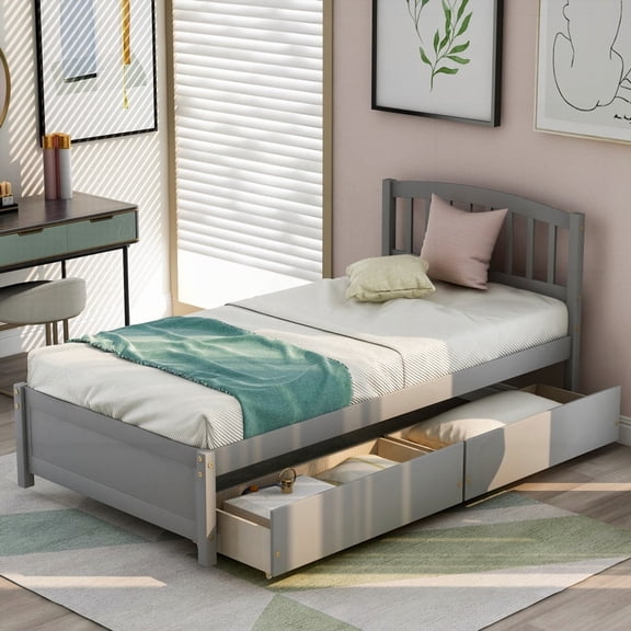 Twin-Sized Storage Bed with Headboard & 2 Drawers, Gray, for Lifetime Use