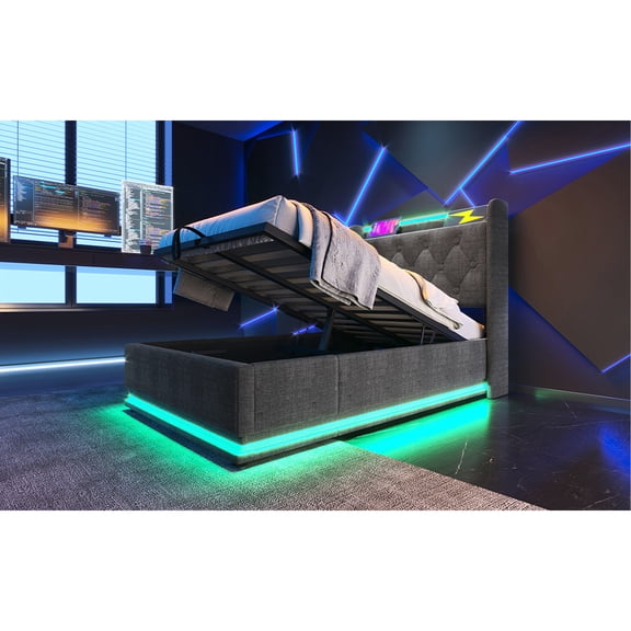 Twin Sized Upholstered Bed: 360 Led, Hydraulic Storage, Type-c, Gray Linen Upholstery Bed - Led Show, Cloth