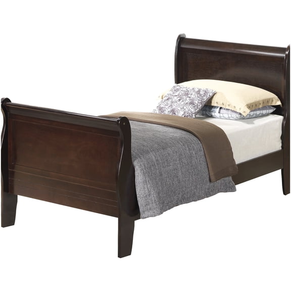 Twin Sleigh Bed Frame, Cappuccino Wood Trim Platform Bed with Built-In Support, No Assembly Tools Included