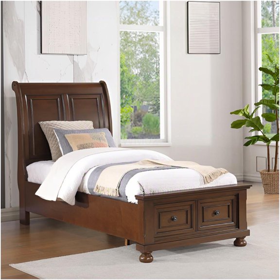 Twin Sleigh Bed Frame with Storage Drawers, Dark Cherry Wood Platform Base, No Box Spring Needed
