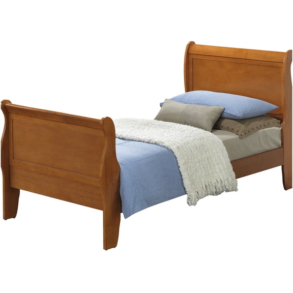 Twin Sleigh Bed Frame with Wood Trim, Oak Finish Platform Bed, Foundation or Slats Needed, Easy Assembly