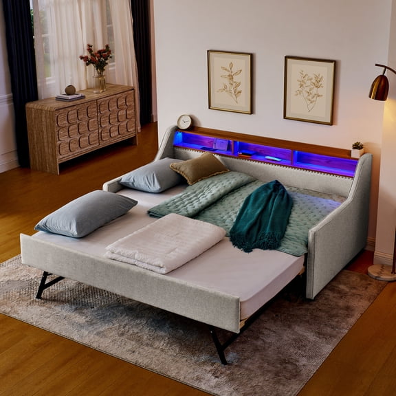 Twin Sofa Bed with Wireless Charging & Foldable Trundle / Bedroom Solution, Cord - free Charging & Extra Bed Space