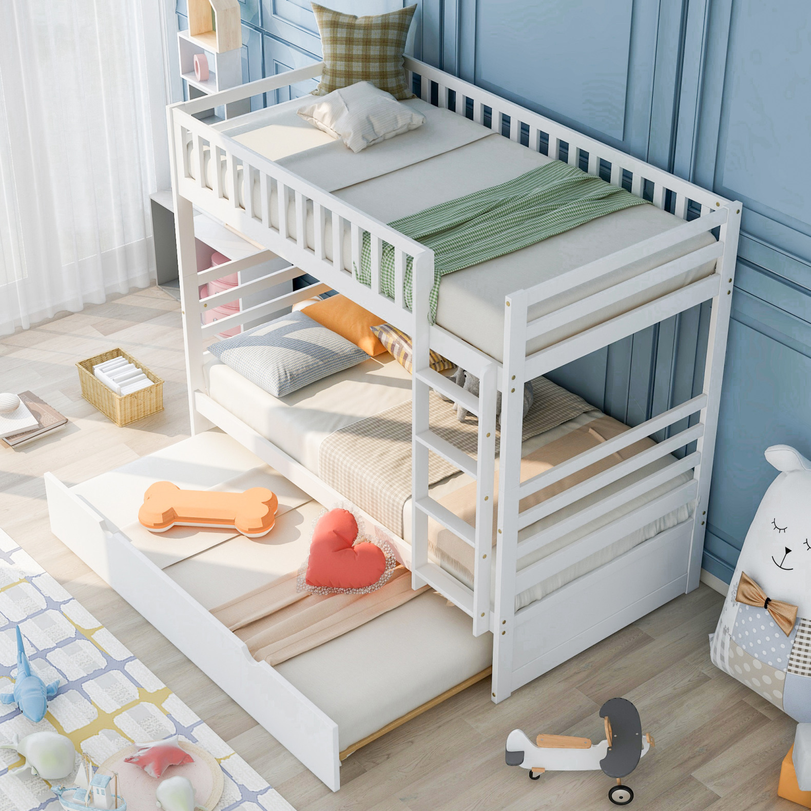 Twin over Twin Solid Wood Bunk Bed with Trundle for Kids Bedroom, Guest ...
