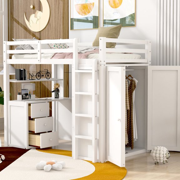 Twin Solid Wood Loft - Bed with Wardrobe - Versatile Function - Bedroom for Families - Hang and Store