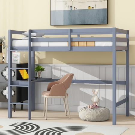 Twin Solid and Stable High Loft Bed, Rubber Wood Loft Bed with Safety Guardrail, Built-In Desk, Ladder (Grey)