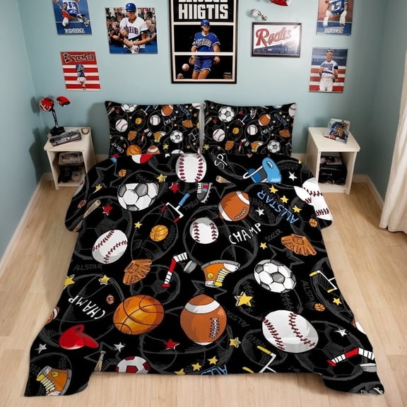 Twin Sports Comforter Set Black Ball Bedding Sets for Boys Girls Kids Teen 3D Soccer Basketball Baseball Football Design 5Pcs Bed in A Bag