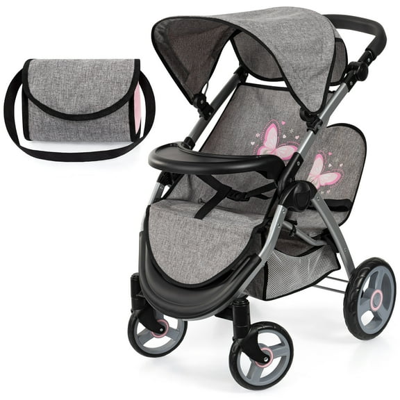 Twin Star Doll Stroller W/ Shoulder Bag, Grey, Pink, Butterfly