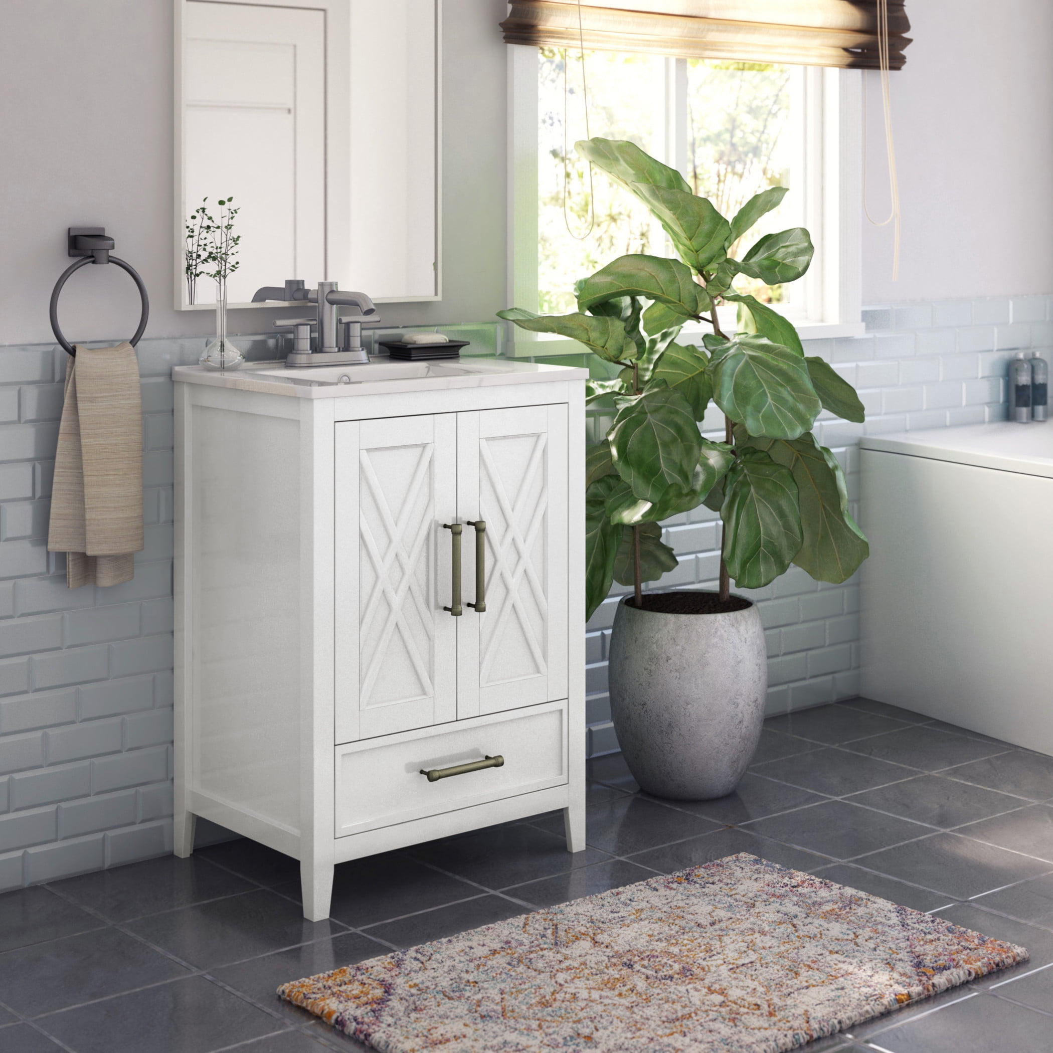 White Freestanding Single Bathroom Vanity with Lower Drawer