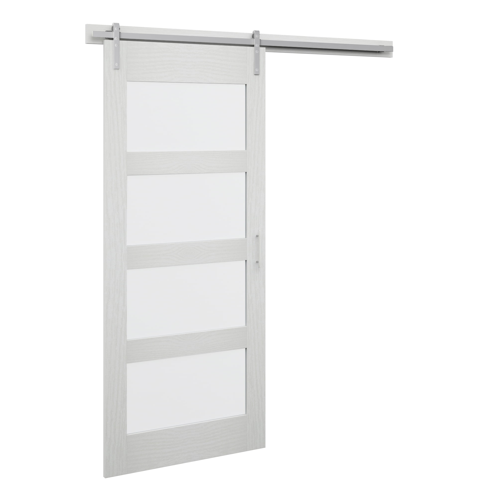 Twin Star Home 36" Contemporary Sliding Door with Frosted Glass Panels, Includes Track and Hardware in White