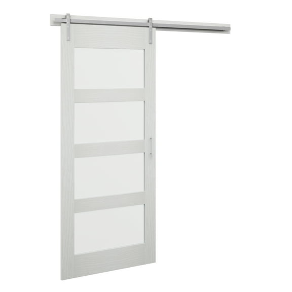 Twin Star Home 36" Contemporary Sliding Door with Frosted Glass Panels, Includes Track and Hardware in White