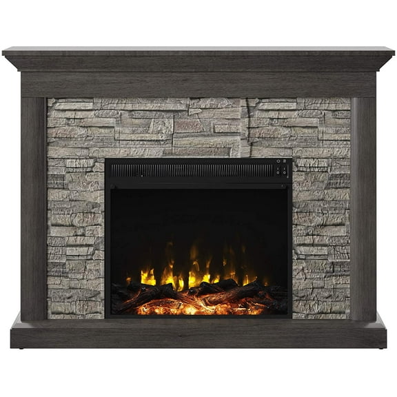 Twin Star Home 36"H Rustic Wall Mantel Electric Fireplace with Stacked Stone Look in Weathered Gray