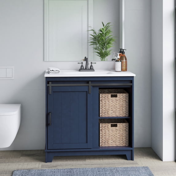 Twin Star Home 36" Sliding Barn Door Single Bathroom Vanity with Woven Baskets