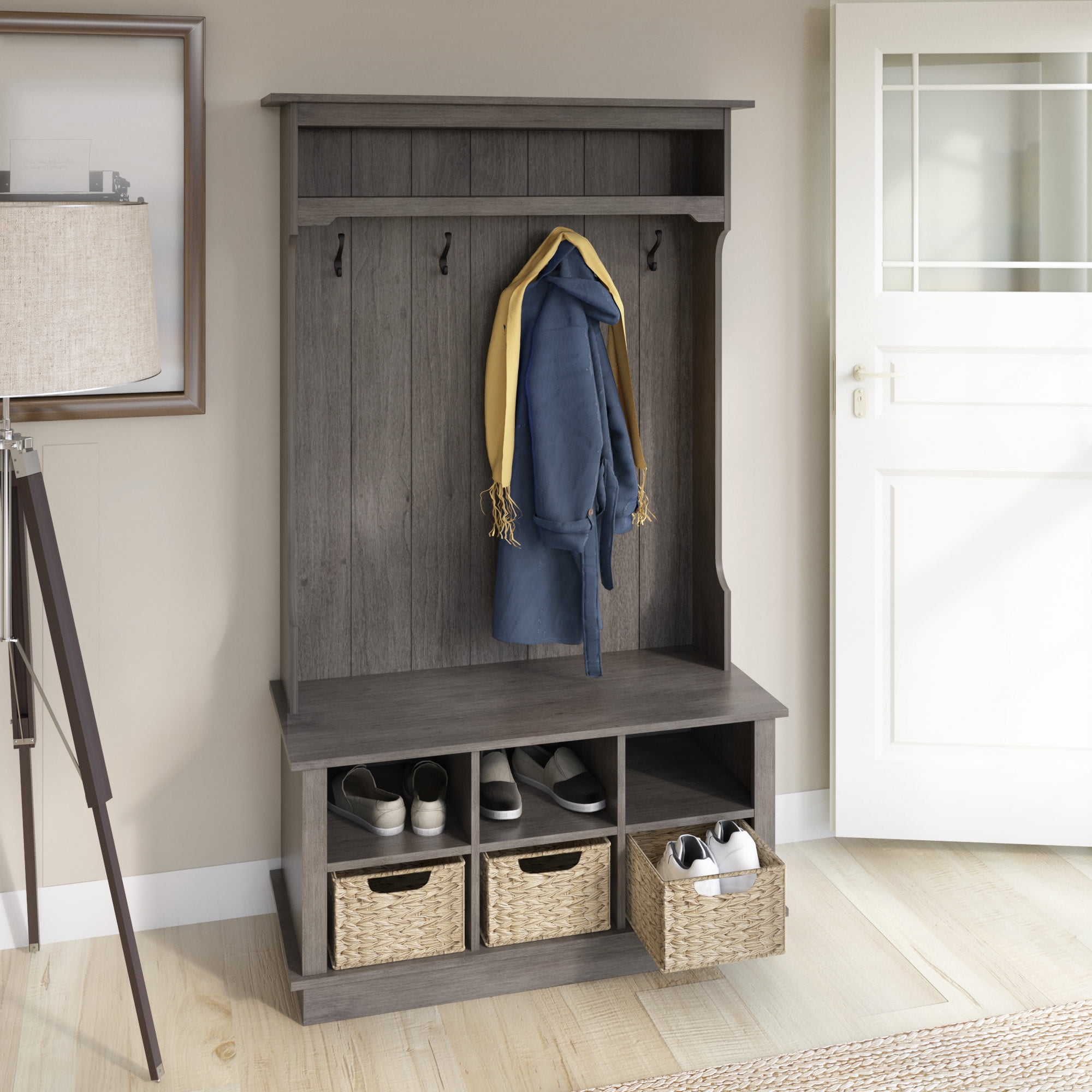 Weathered Gray Hall Tree with Woven Basket Storage
