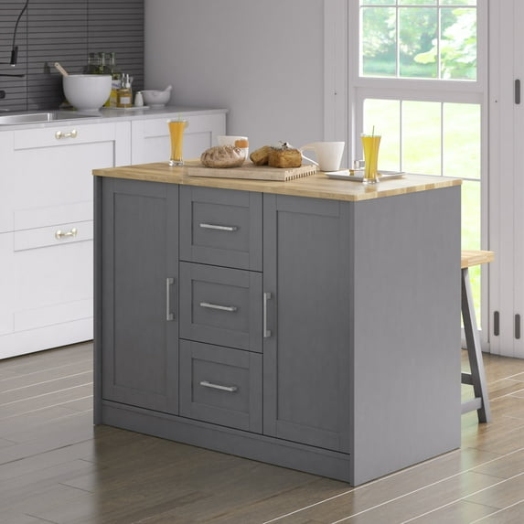 Twin Star Home 46" Traditional Kitchen Island with Butcher Block Top, Antique Gray
