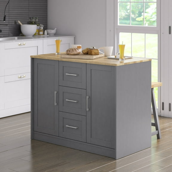 Twin Star Home 46" Traditional Kitchen Island with Butcher Block Top, Antique Gray