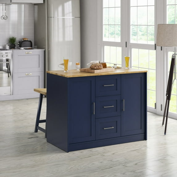 Twin Star Home 46" Traditional Kitchen Island with Butcher Block Top, Insignia Blue