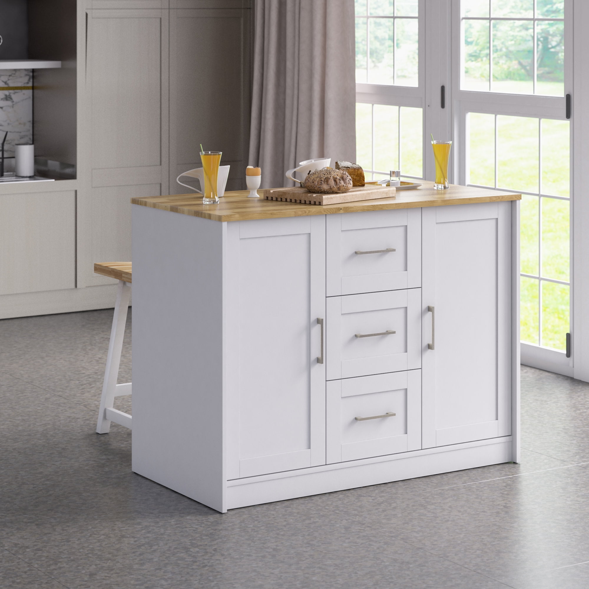 Twin Star Home 48" Traditional Kitchen Island with Butcher Block Top, Brilliant White
