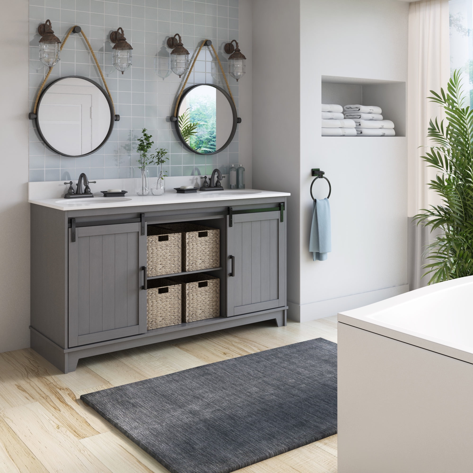 Twin Star Home 60" Sliding Barn Door Double Sink Bathroom Vanity with 4 Woven Baskets