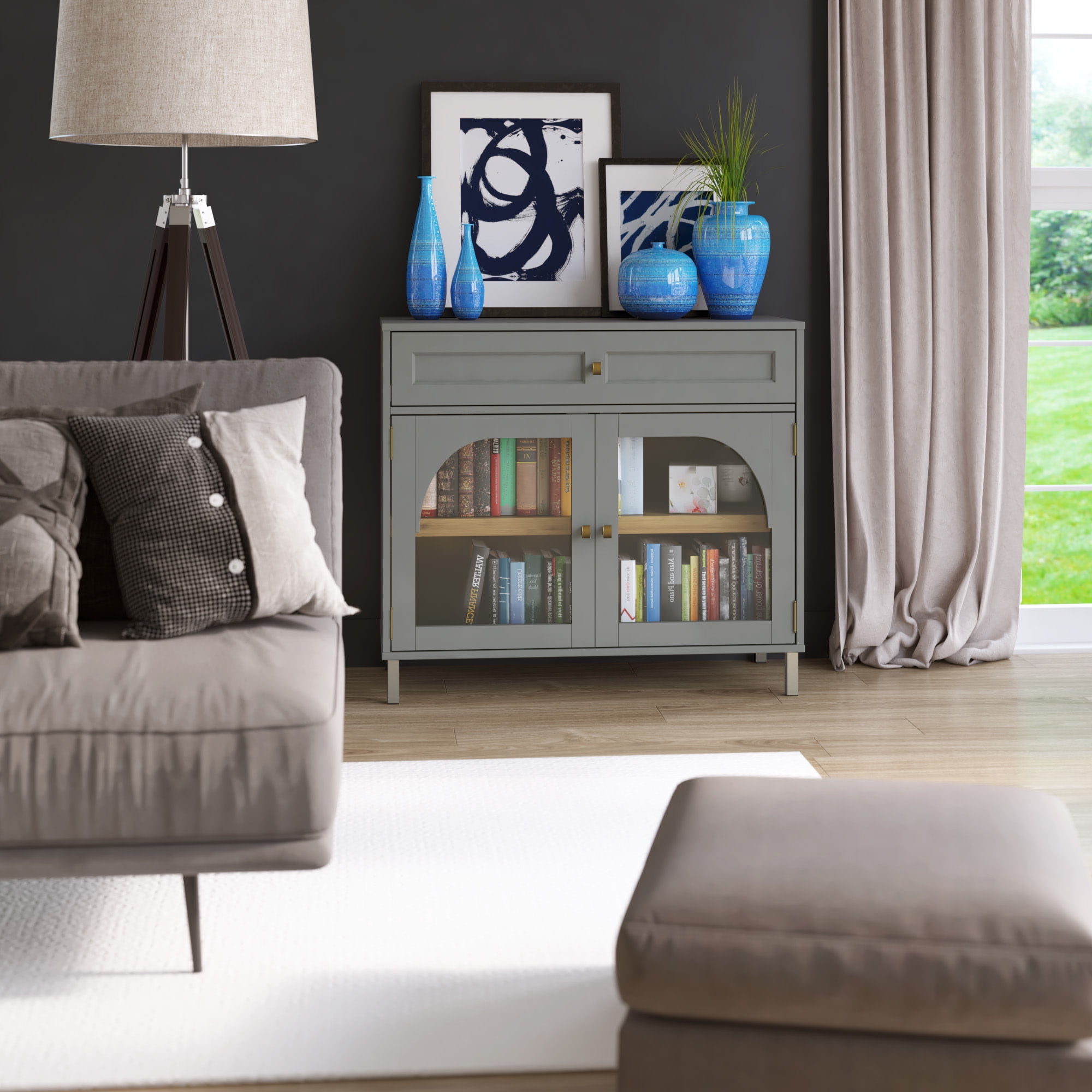 Pure Gray Glass Door Accent Cabinet with Adjustable Shelving