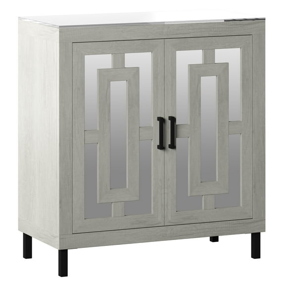 Twin Star Home Bar Cabinet with Mirrored Doors and Stemware Rack