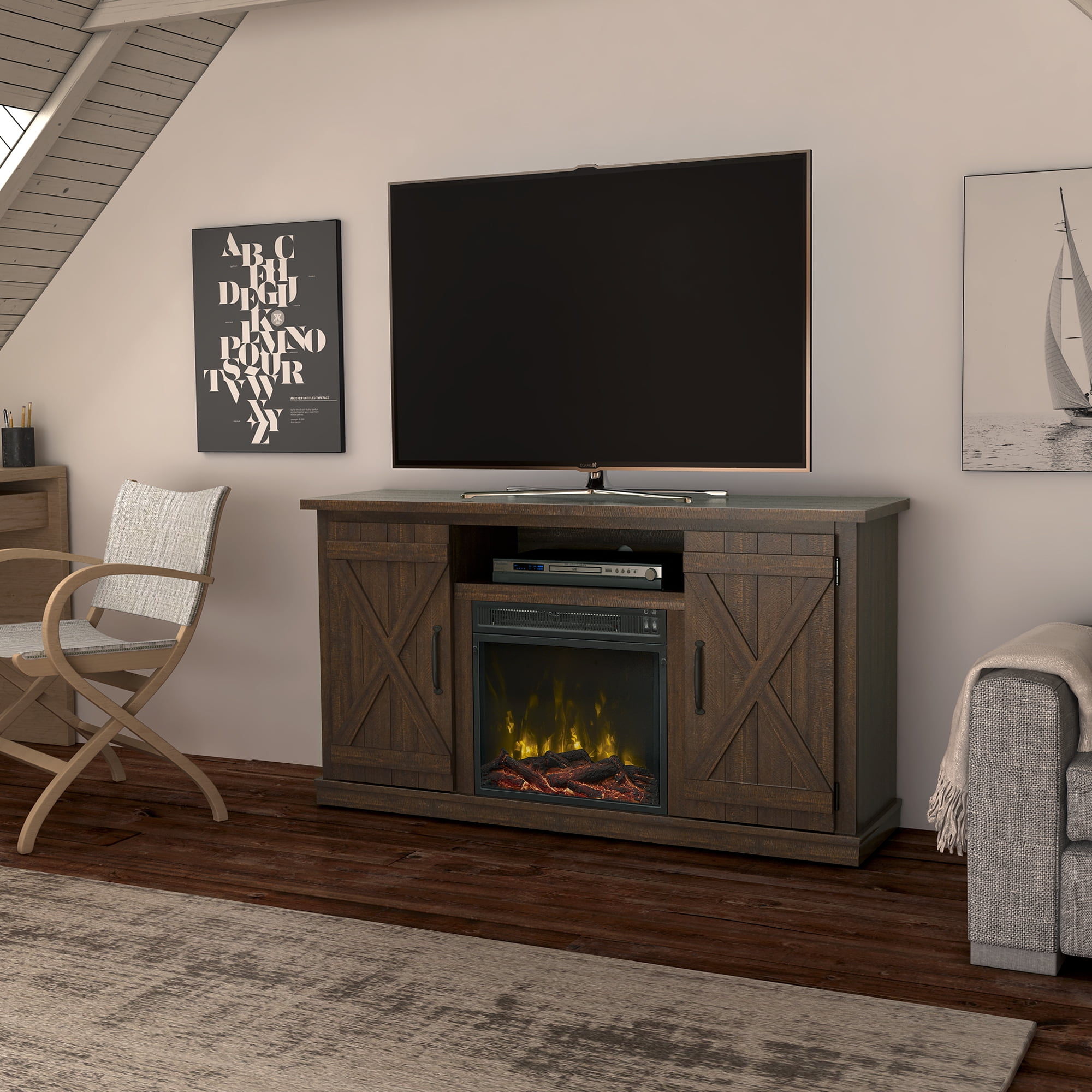 Twin Star Home Barn Door TV Stand for TVs up to 55 with ClassicFlame  Electric Fireplace, Sawcut Espresso - Walmart.com