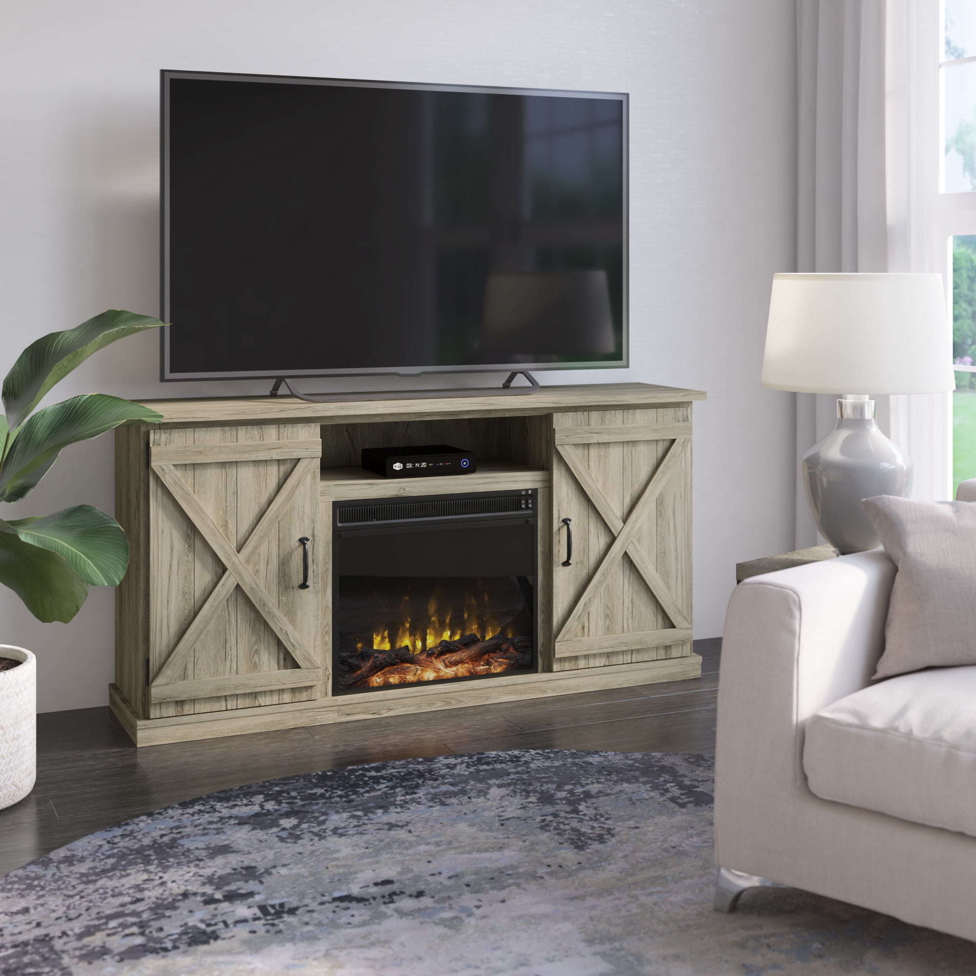 Twin Star Home Barn Door TV Stand for TVs up to 70 inches with ClassicFlame  Electric Fireplace, Ashland Pine - Walmart.com
