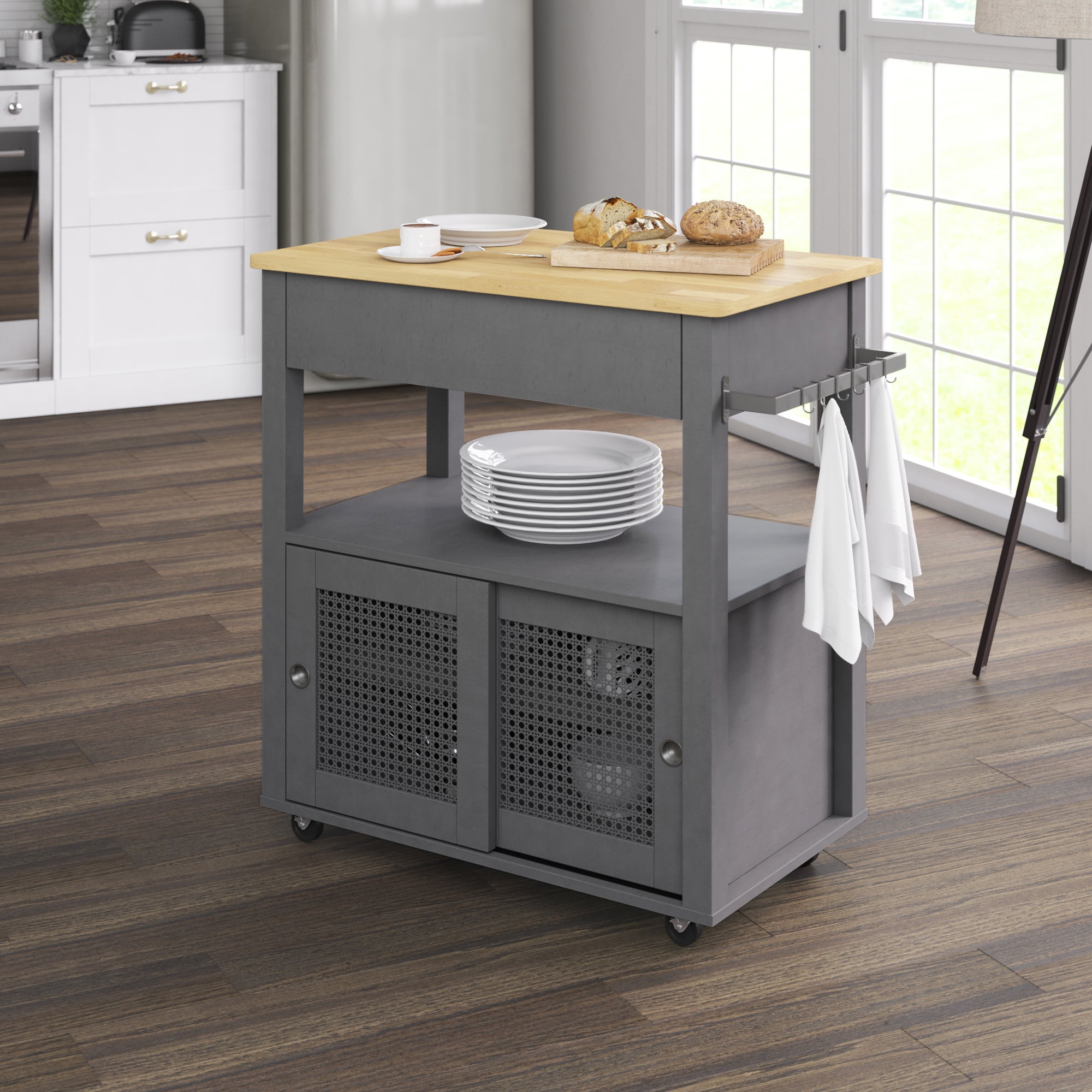 Twin Star Home Boho Kitchen Storage Cart with Sliding Doors, Antique Gray Twin Star Home Boho Kitchen Storage Cart with Sliding Doors, Antique Gray