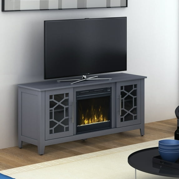 Twin Star Home Elmhurst Fireplace TV Stand for TVs up to 60" with ClassicFlame Technology & Glass Doors, Cool Gray