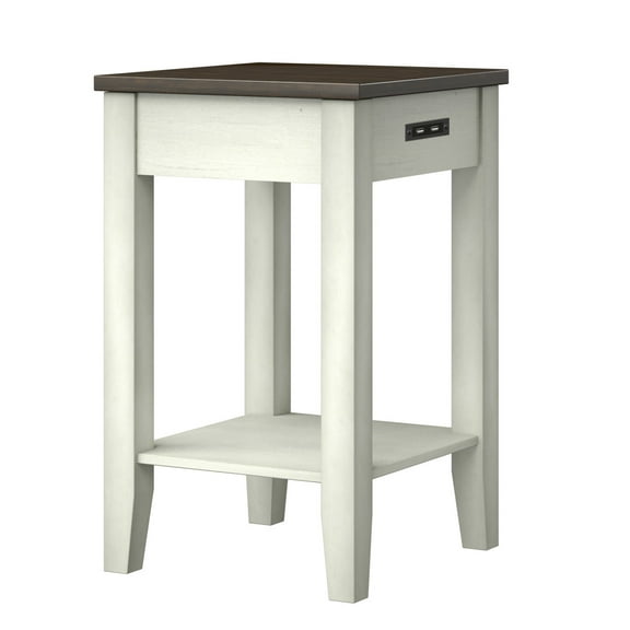Twin Star Home Modern Farmhouse Two-Tone Side Table with USB Charging in Old Wood White