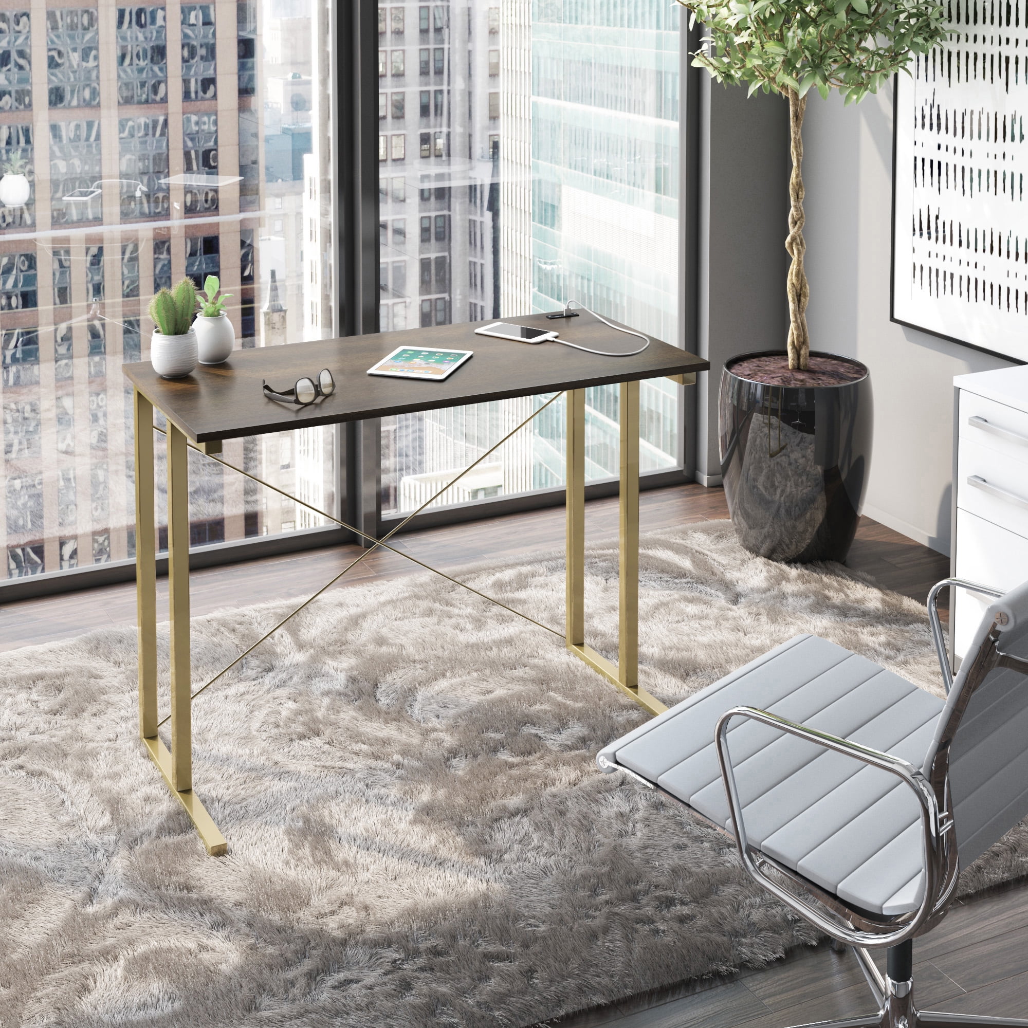 70.9 Modern Office Desk Executive Desk with Gold Metal Legs - On