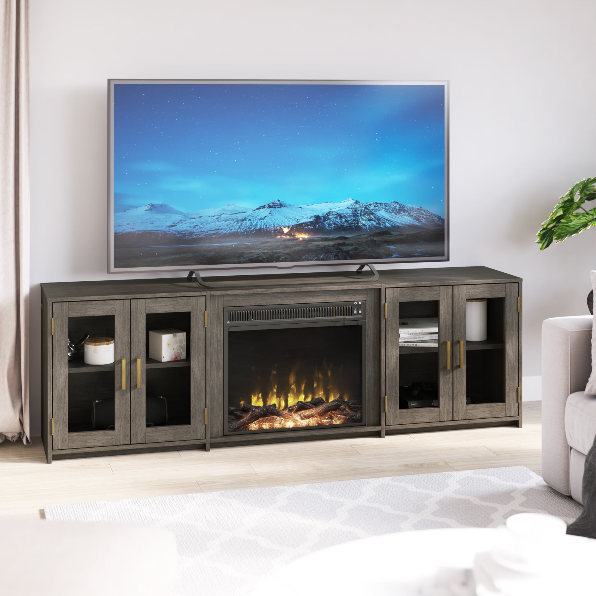 Twin Star Home TV Stand for TVs up to 80 in. with Electric Fireplace