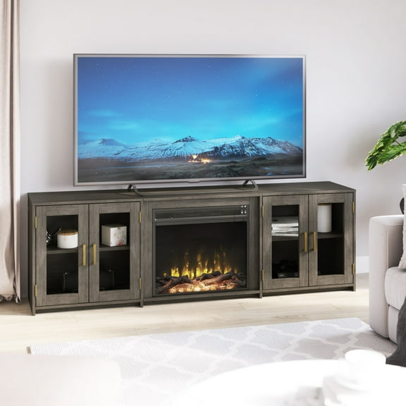 Twin Star Home TV Stand for TVs up to 80 in. with Electric Fireplace and Glass Cabinet Doors