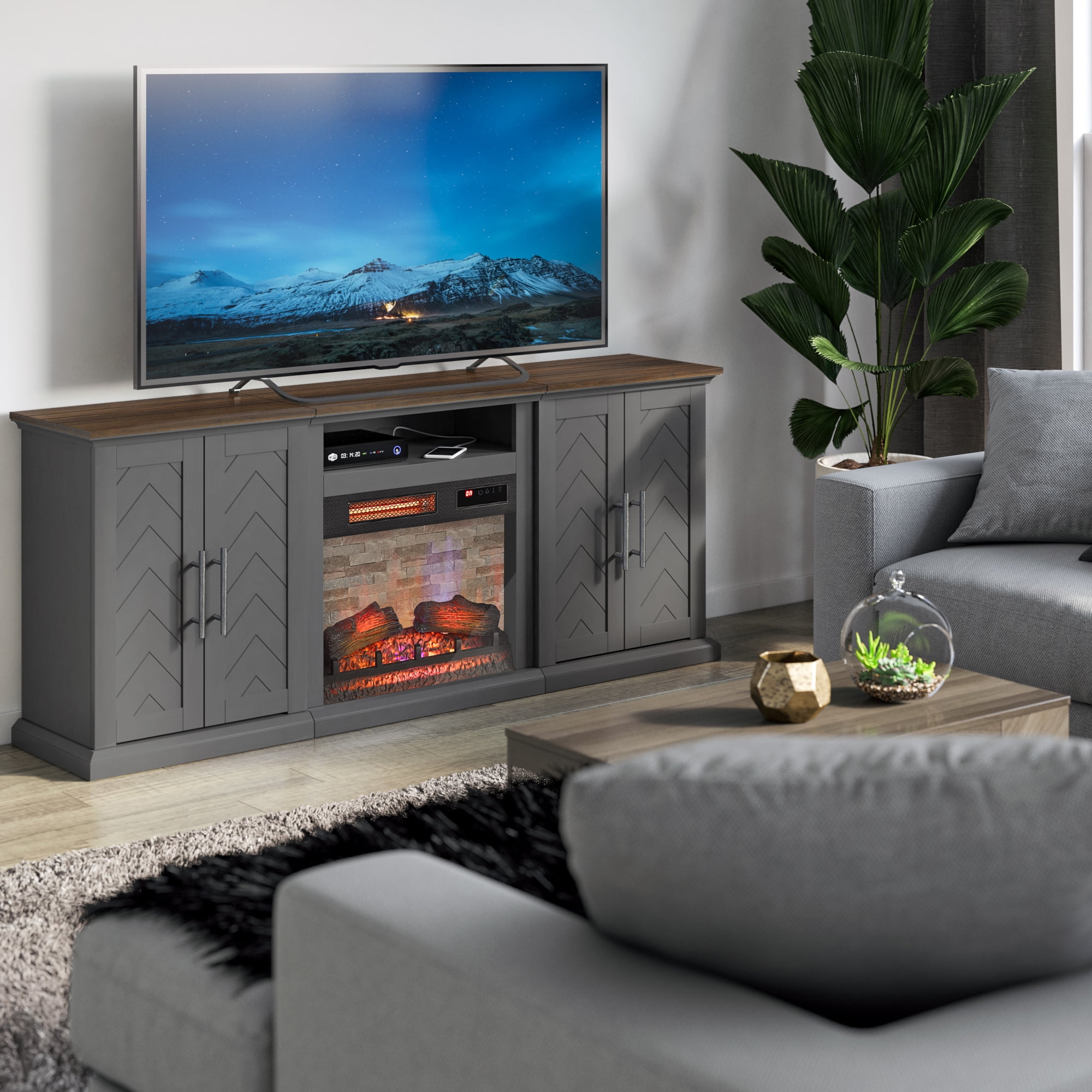 Twin Star Home TV Stand for TVs up to 80” with Electric Fireplace and