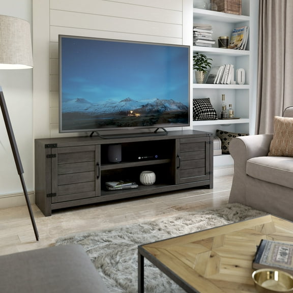 Twin Star Home TV Stand with Rustic Cabinet Doors, Weathered Gray