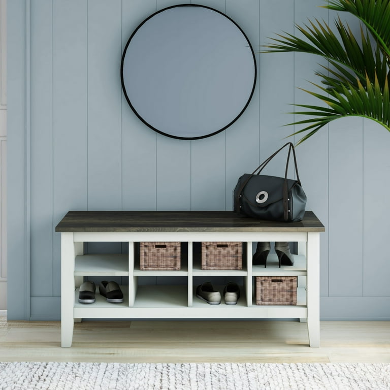 Twin Star Home Two Tone Storage Bench with Planked Top in Old Wood White 40 W x 15.5 D x 17.8 H