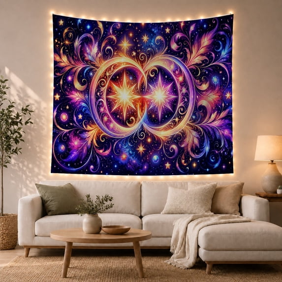Twin Starbursts in a Dark Cosmic Nebula, Mystical Psychedelic Style for Space Lovers, Galaxy Wall Art, Housewarming Gift, Tapestry Wall Hanging for Bedroom and Dorm