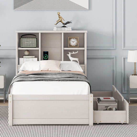 Twin Storage Bed with Bookcase Headboard, Twin Size Captain Bed Frame, with 2 Drawers and Charging Station, Twin Bed Frame with Storage, No Box Spring Needed, Easy Assembly, White