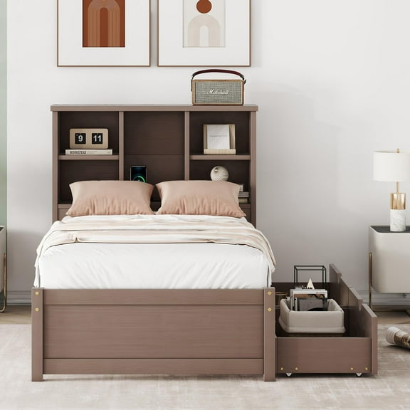 Twin Storage Bed with Bookcase Headboard, Twin Size Captain Bed Frame, with 2 Drawers and Charging Station, Twin Bed Frame with Storage, No Box Spring Needed, Easy Assembly, Brown